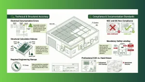 Professional solar plan set comparison showing PE-stamped CAD drawings for commercial solar installations, highlighting code-compliant solar permit plans, engineered solar layouts, and the importance of licensed engineer approval versus hand-drawn solar designs for faster AHJ permit approval in the U.S. solar industry.
