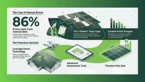 Illustration highlighting manual data entry issues in solar design, showing hidden data gaps like incorrect truss spacing and structural details that cause solar permit rejections, project redesigns, delays, and reduced profit margins for U.S. solar installers and EPC companies.