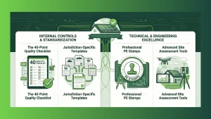 Solar plan set quality control workflow showing quality checklists, standardized solar design templates, PE-stamped engineering drawings, and assessment tools used by U.S. solar installers and EPCs to ensure code-compliant solar permits, faster AHJ approval, and reduced project delays.