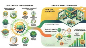 Comparing in-house capability vs outsourced engineering for solar engineering services, highlighting structural analysis, electrical design, PV layouts, PE stamps, utility interconnection plans, AHJ permit sets, scalable design specialists, permitting experts, and the rapid growth of the solar outsourcing model for EPC companies and solar installers.