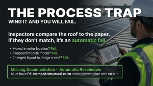 Solar inspector checking AHJ compliance to pass solar inspection on residential installation"