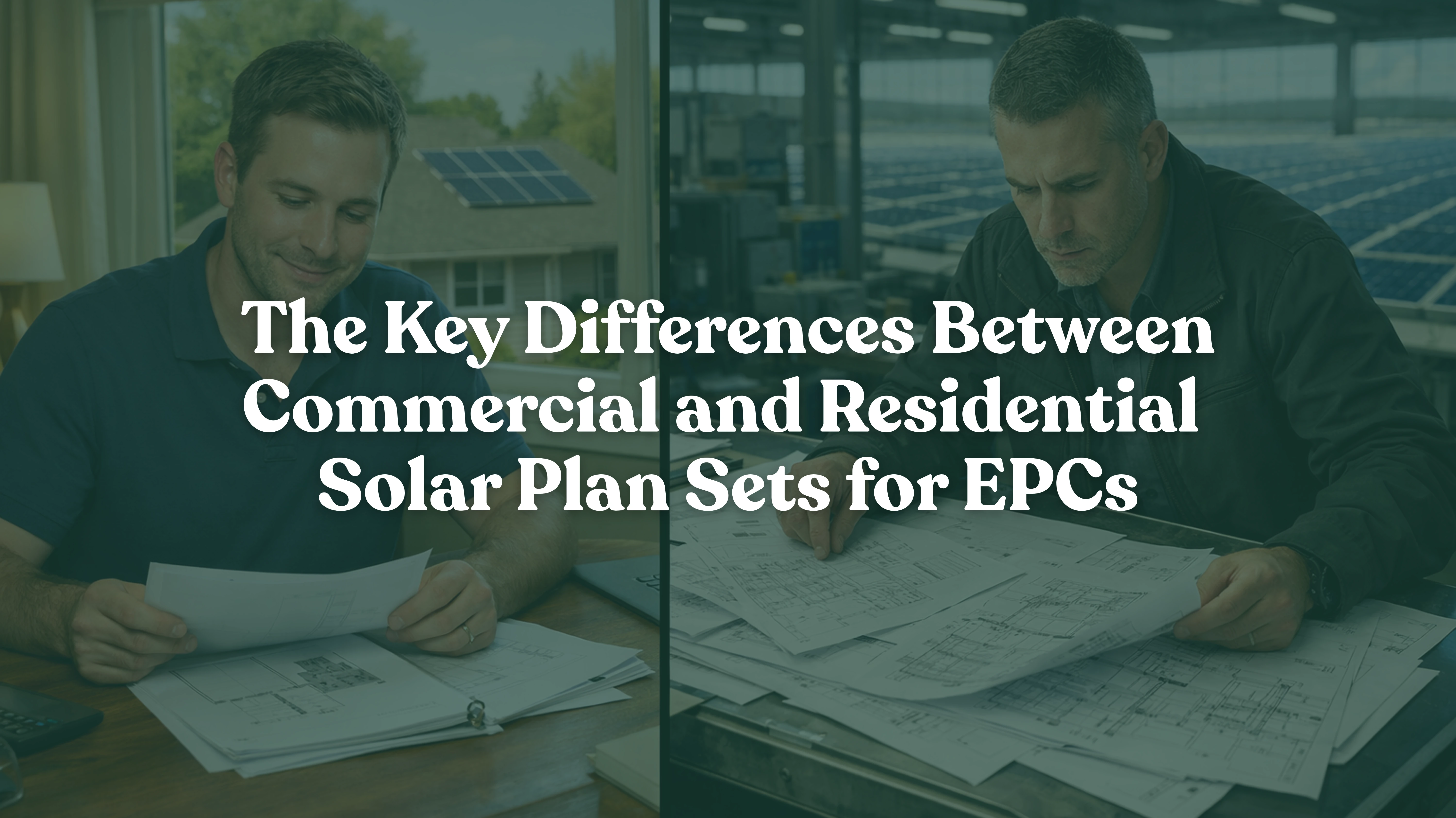 Residential vs commercial solar plan set comparison showing two solar engineers reviewing rooftop PV system designs — one analyzing a simple residential solar permit plan in a home office and the other examining a complex commercial solar engineering blueprint in an industrial setting, highlighting differences in solar permitting, EPC documentation, structural calculations, and large-scale photovoltaic system planning.