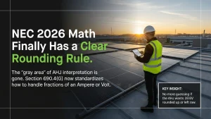 Solar installer reviewing NEC 2026 math and PV voltage calculation sheet on a rooftop project