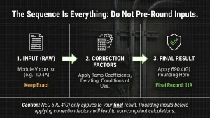 That module Isc value from the spec sheet? That's an input. It feeds into your calculation as-is. The fraction gets dropped from the result, not from the data going in.