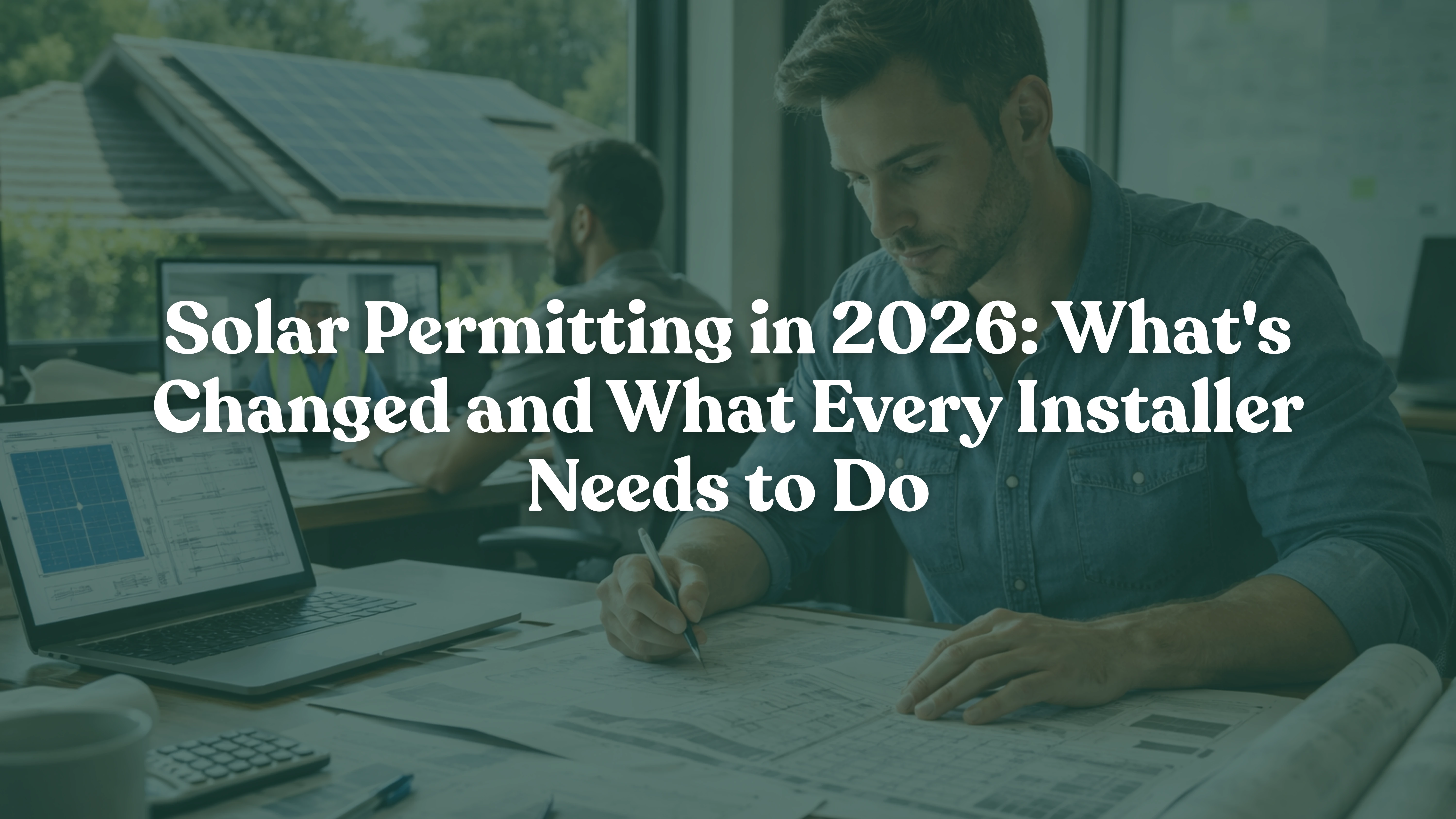 Solar installer reviewing 2026 solar permitting documents and AHJ compliance requirements in office with rooftop solar panels visible.