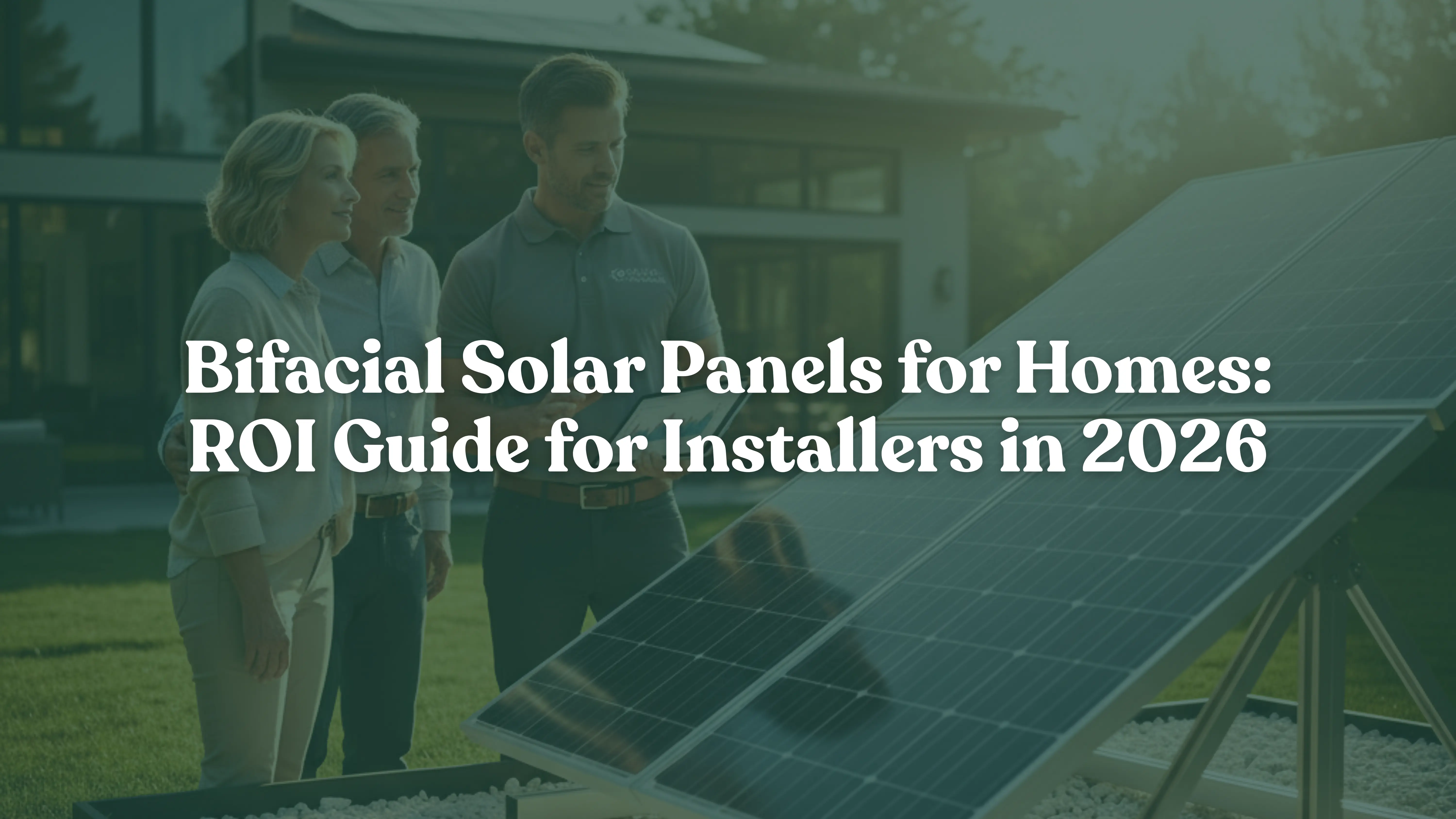 Professional solar contractor explaining the ROI of a ground-mounted bifacial solar panel system to homeowners in a sunny backyard; high-efficiency dual-sided solar technology installation over white gravel for maximum albedo effect.