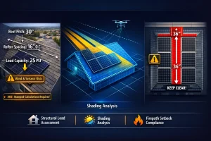 Solar site survey infographic showing roof structural assessment, LiDAR shading analysis, and fire setback compliance for residential solar panel installation in the USA