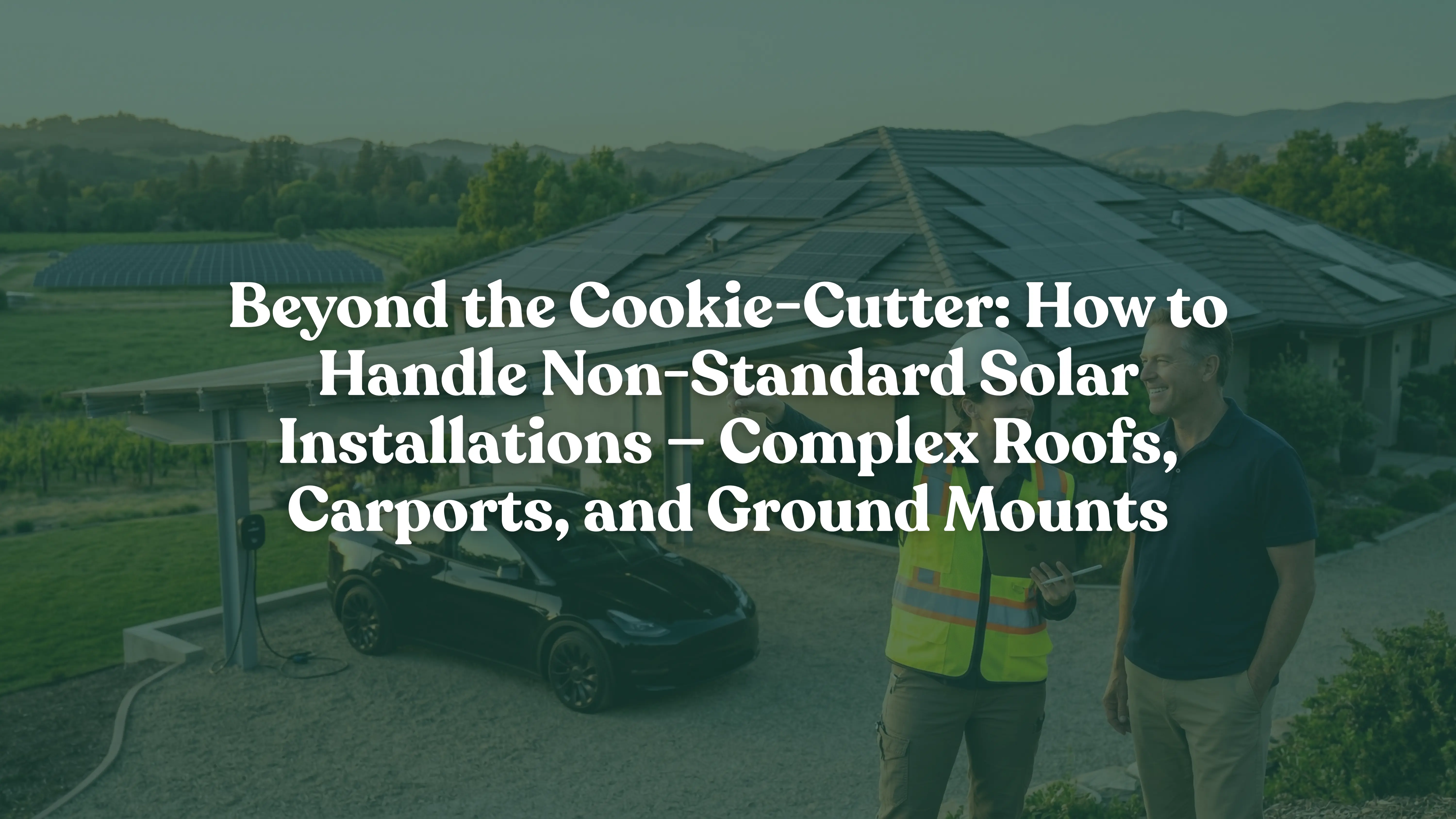 Professional solar engineer explaining complex non-standard solar installation featuring a residential solar carport, multi-plane roof panels, and a ground-mount system to a homeowner during a sunset site visit.
