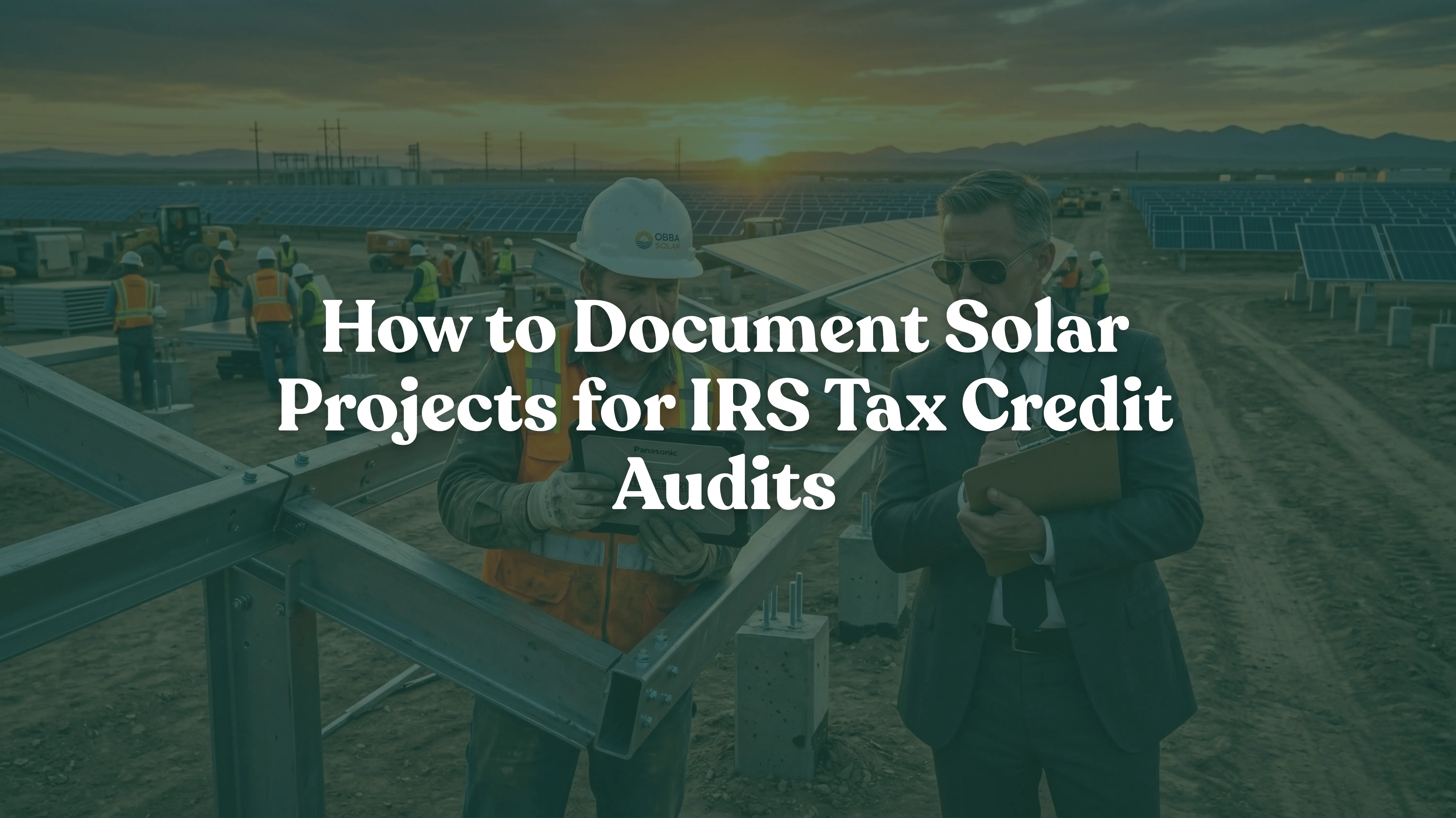 A professional IRS compliance audit at a utility-scale solar project site in 2026. A solar EPC manager presents digital documentation on a tablet to a tax auditor in a suit, both standing near uninstalled racking systems during sunset. The scene illustrates the rigorous documentation requirements for Section 48E ITC eligibility under the One Big Beautiful Bill Act (OBBBA).