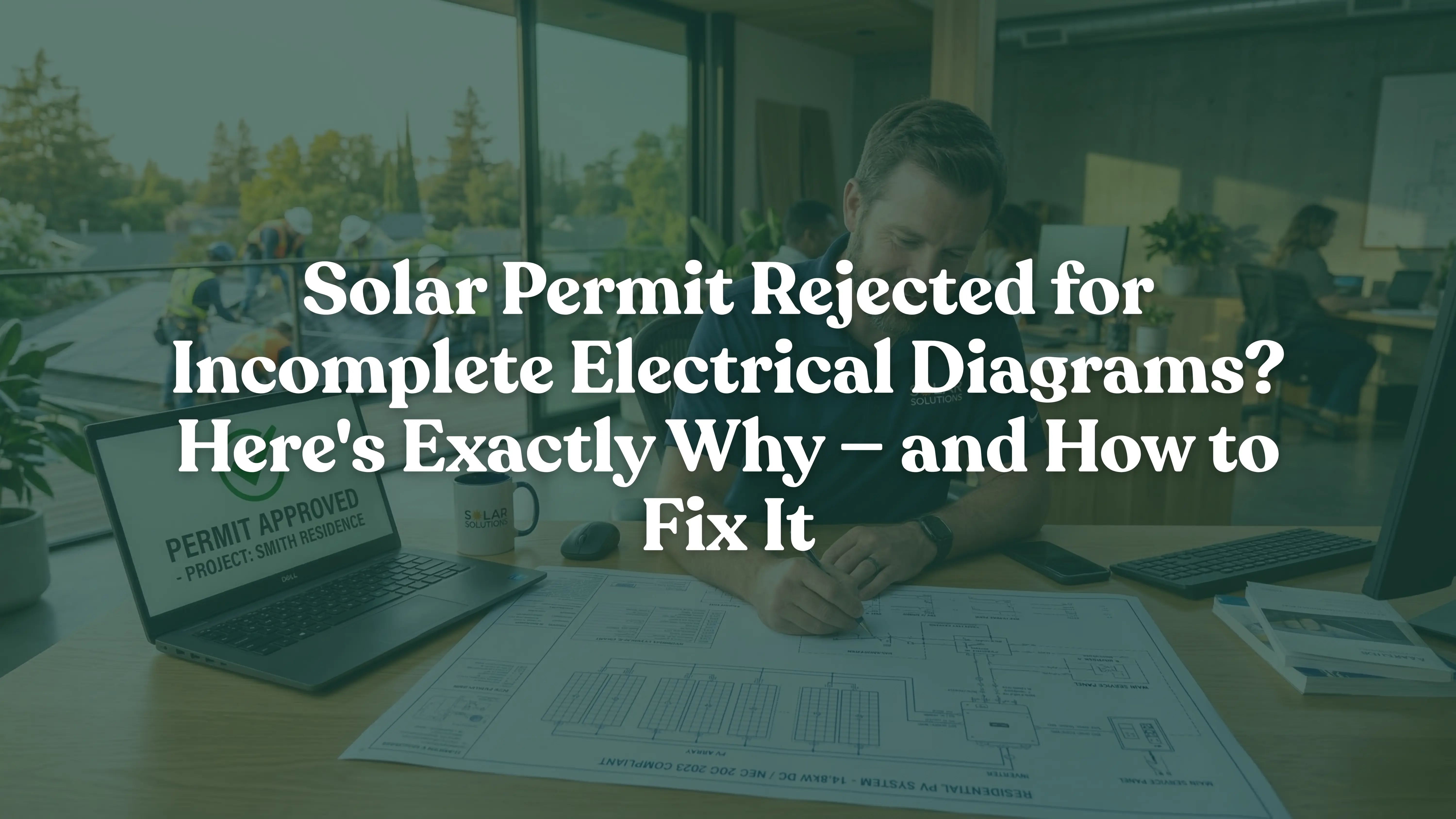 A realistic 4k image depicting the successful approval of a solar permit. A project manager examines detailed electrical schematics and NEC Article 690 blueprints, ensuring a smooth transition from site survey to installation. Ideal for solar industry professionals focusing on permitting, AHJ compliance, and electrical design accuracy.