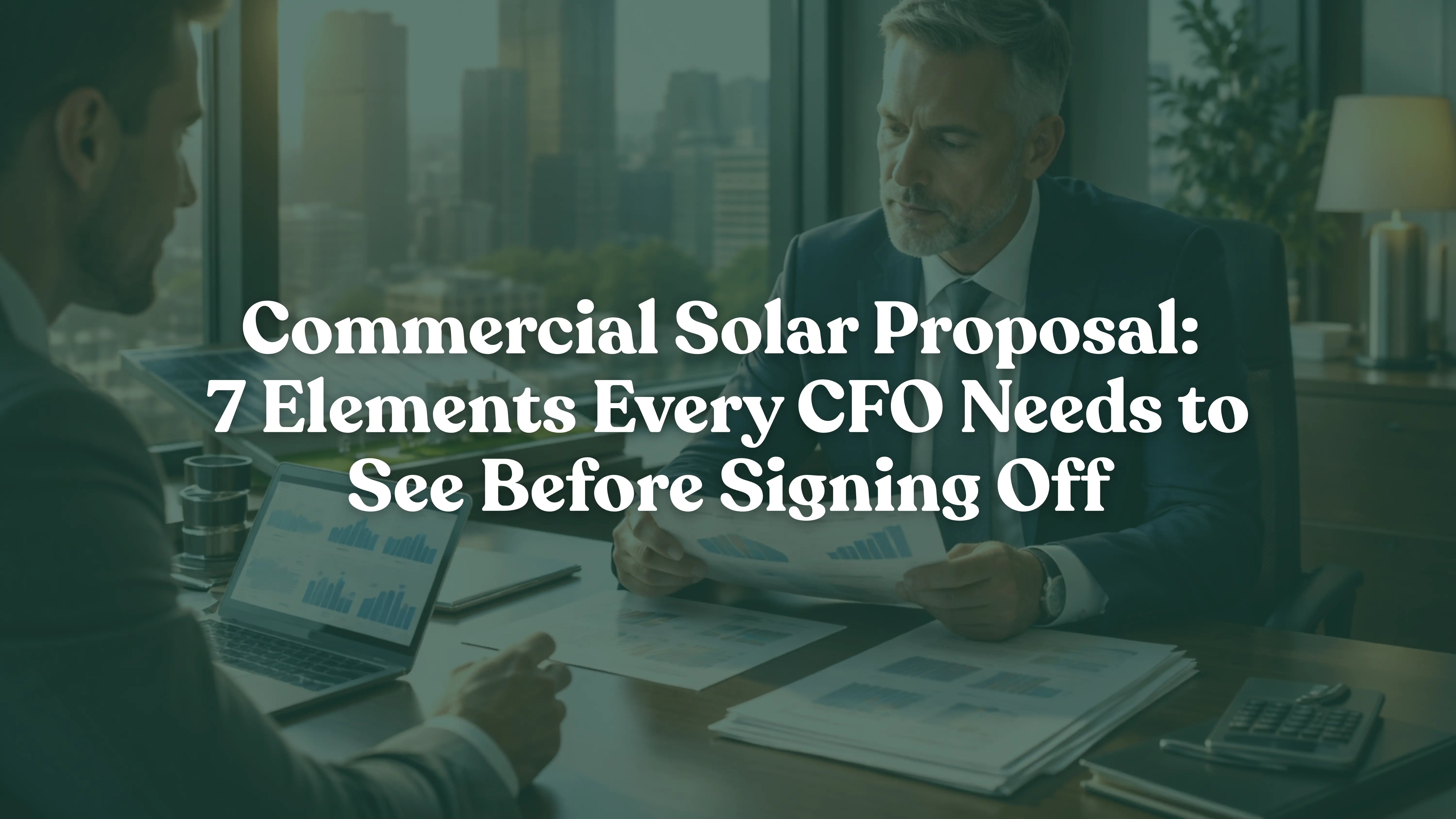 Commercial solar proposal presentation in a corporate office showing a Chief Financial Officer reviewing financial reports, ROI analysis, and solar project data with a consultant, highlighting payback period, net present value, and investment decision-making for commercial solar projects.