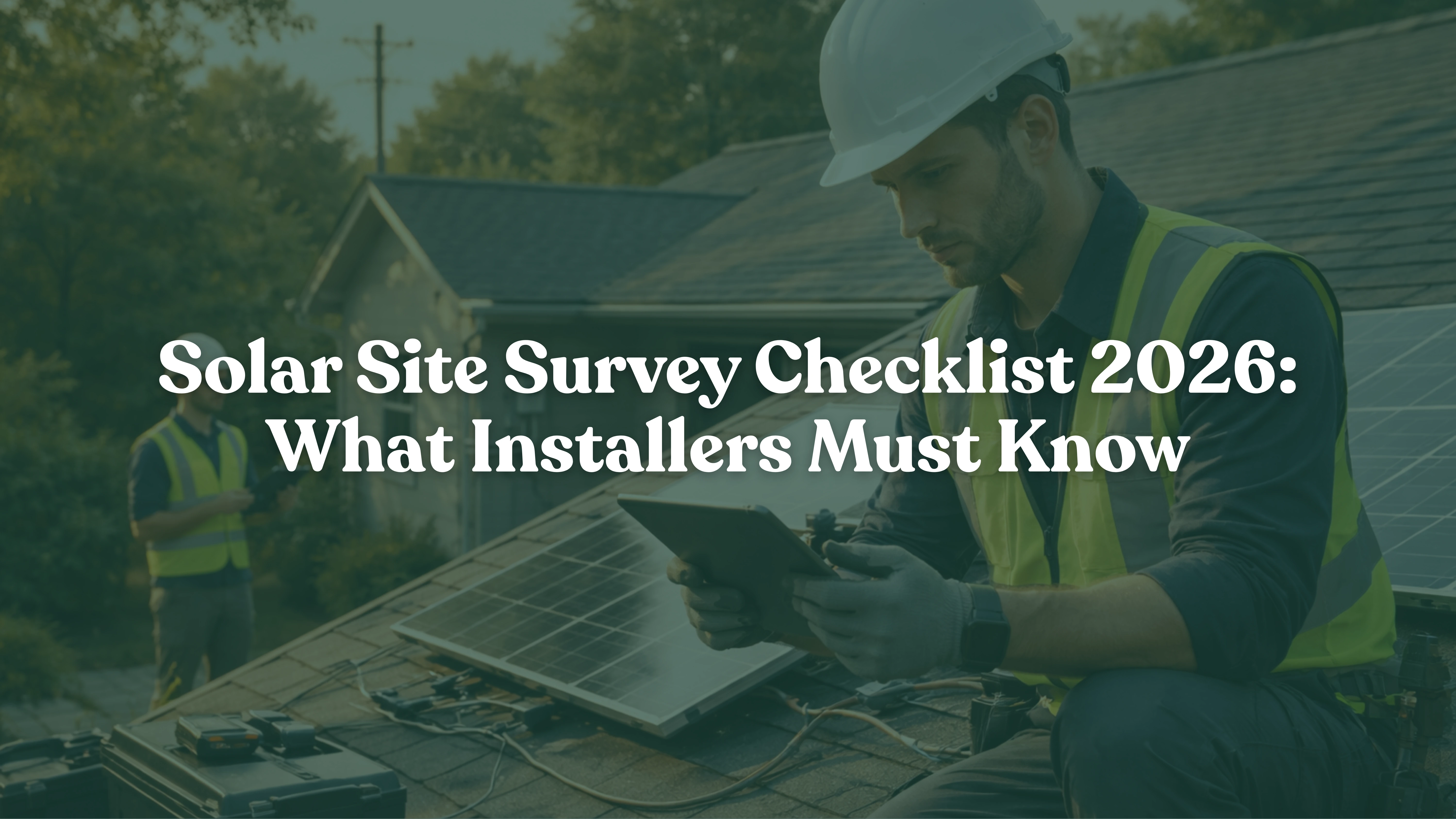 Professional solar technicians conducting a residential rooftop site survey at golden hour, inspecting solar panels and measuring roof conditions with tablet and surveying tools before installation.