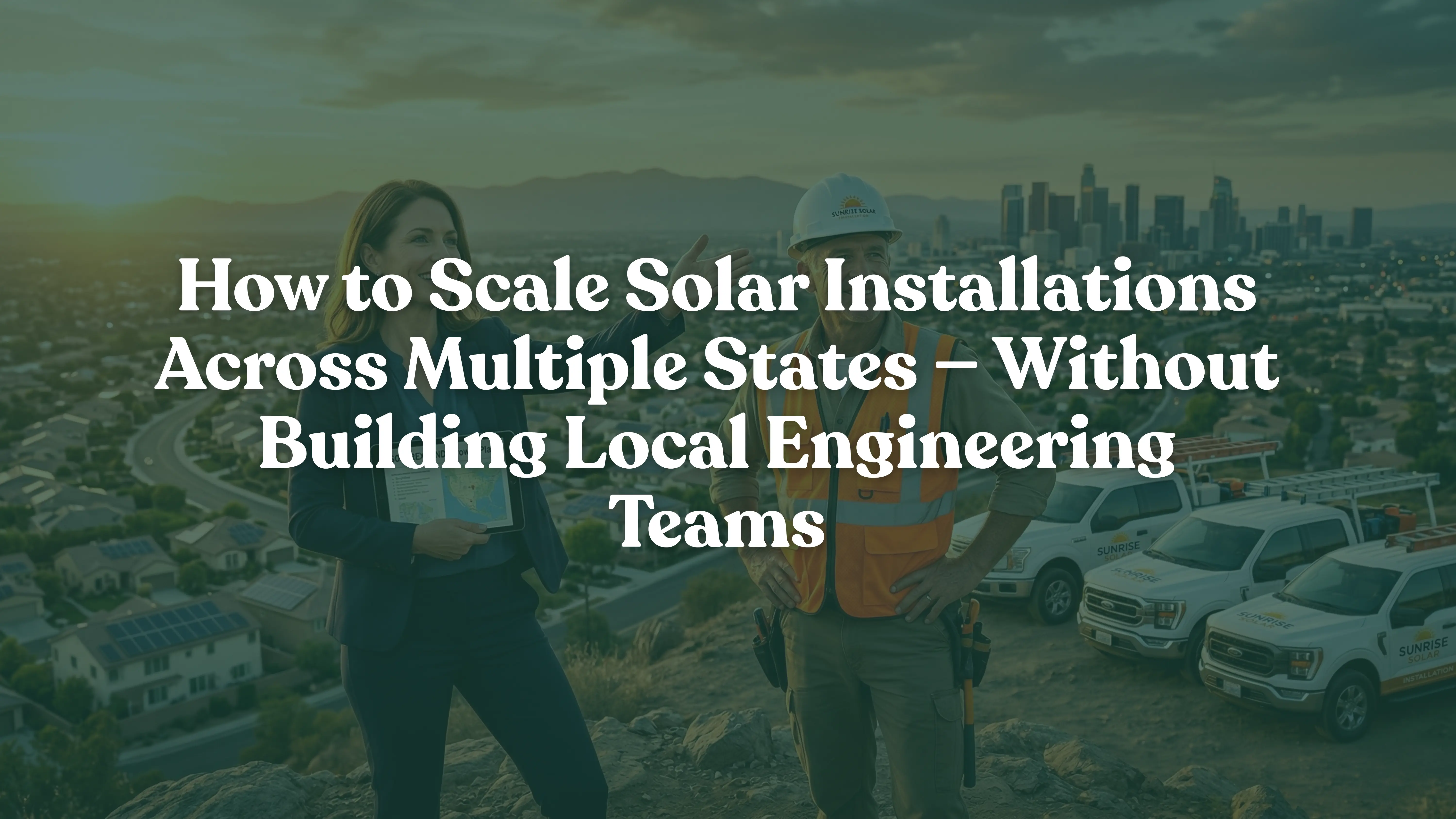 Professional solar installation company owner and foreman planning multi-state business expansion during golden hour, overlooking a residential neighborhood with solar panels on roofs; representing scalable solar EPC growth and successful renewable energy leadership.