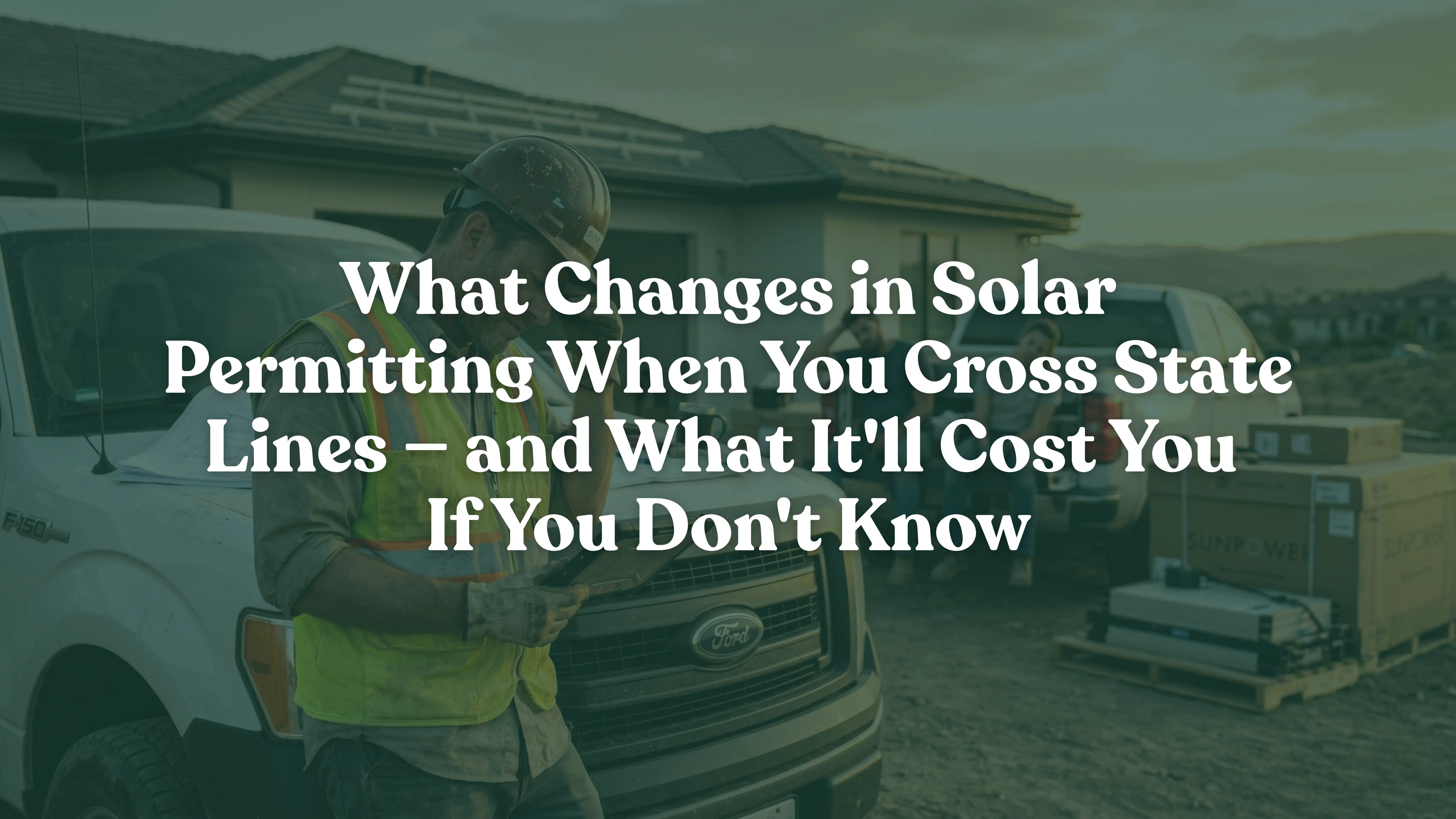 Stressed solar foreman reviewing a rejected permit on a tablet at a residential job site in 2026, showing idle installation crews and uninstalled solar panels, illustrating the financial impact of state-specific solar permitting delays and operational margin bleed.