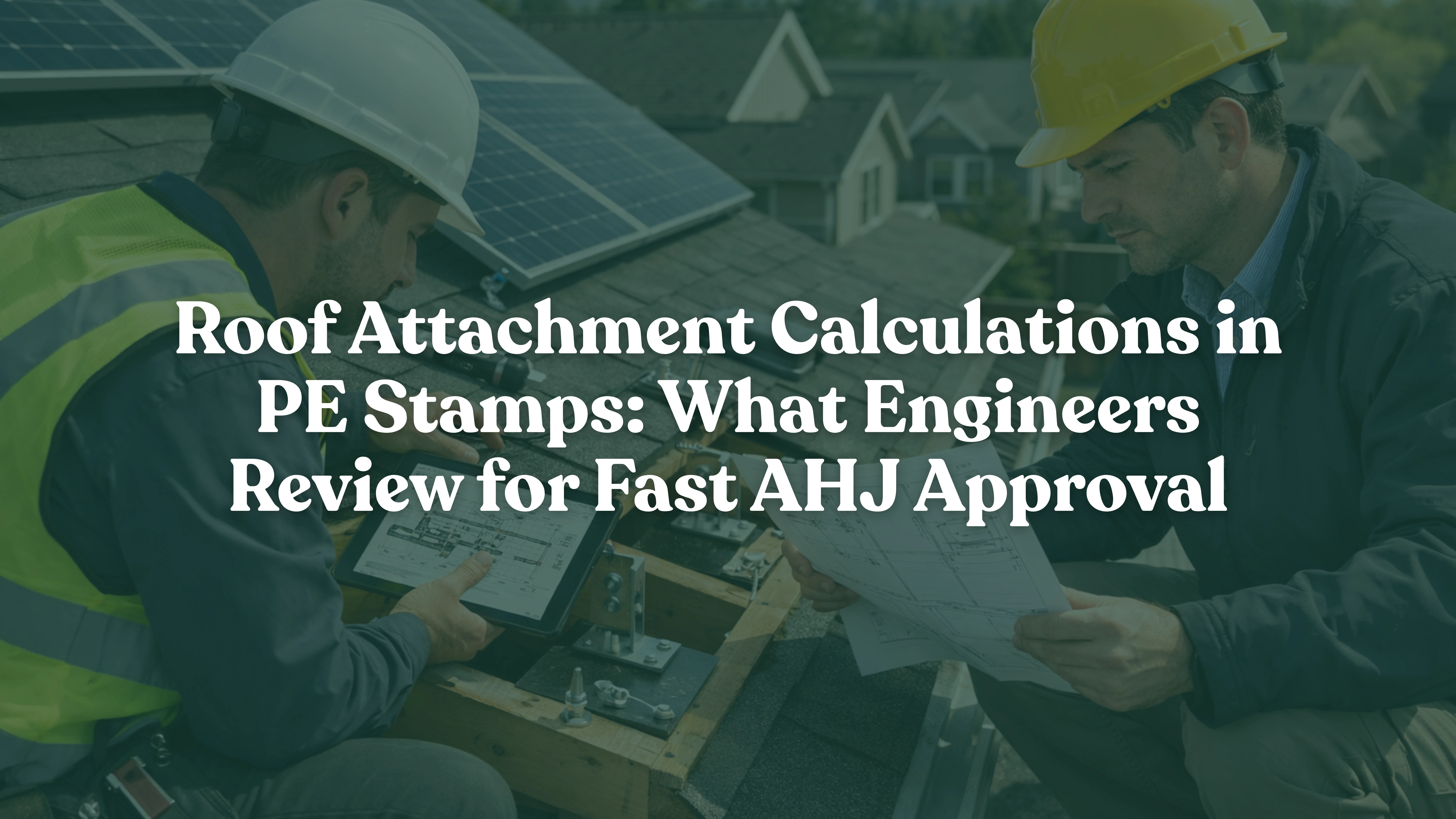 Professional solar engineer and AHJ inspector reviewing roof attachment calculations on a residential rooftop solar installation, examining mounting brackets, structural supports, and solar panel racking system for permit approval, rooftop structural assessment, PE stamp verification, and solar permitting process.