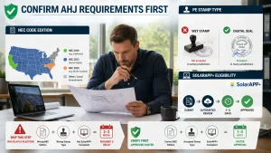Solar permit infographic showing AHJ-specific requirements including NEC code compliance, PE stamp types, and SolarAPP+ eligibility, helping EPCs avoid permit rejections and speed up multi-state solar project approvals.