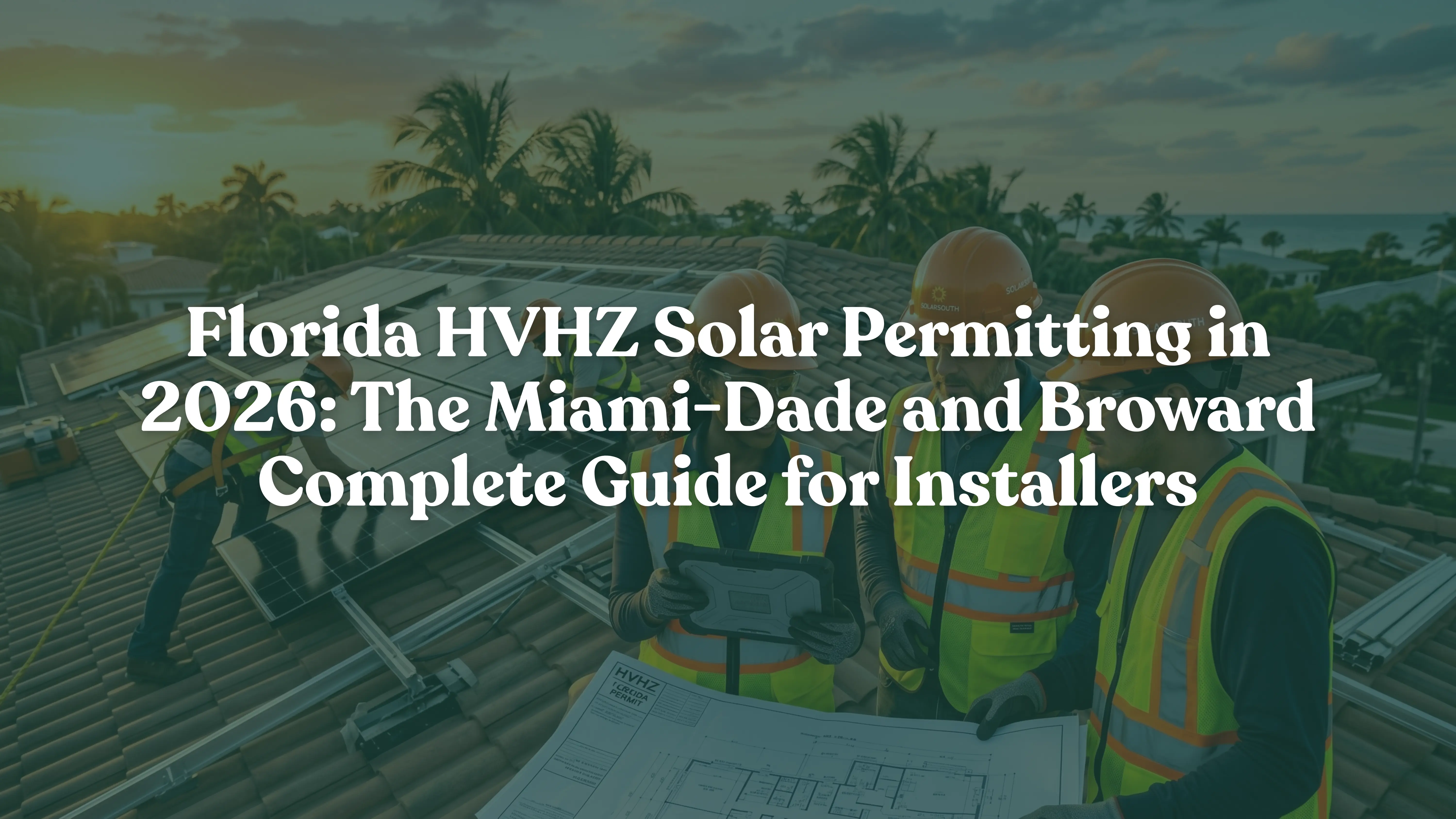 Professional solar installers and engineers reviewing HVHZ-compliant blueprints and technical specs for a solar panel installation on a Miami-Dade rooftop at sunset, featuring high-velocity hurricane zone mounting equipment and 4k ultra-realistic detail.