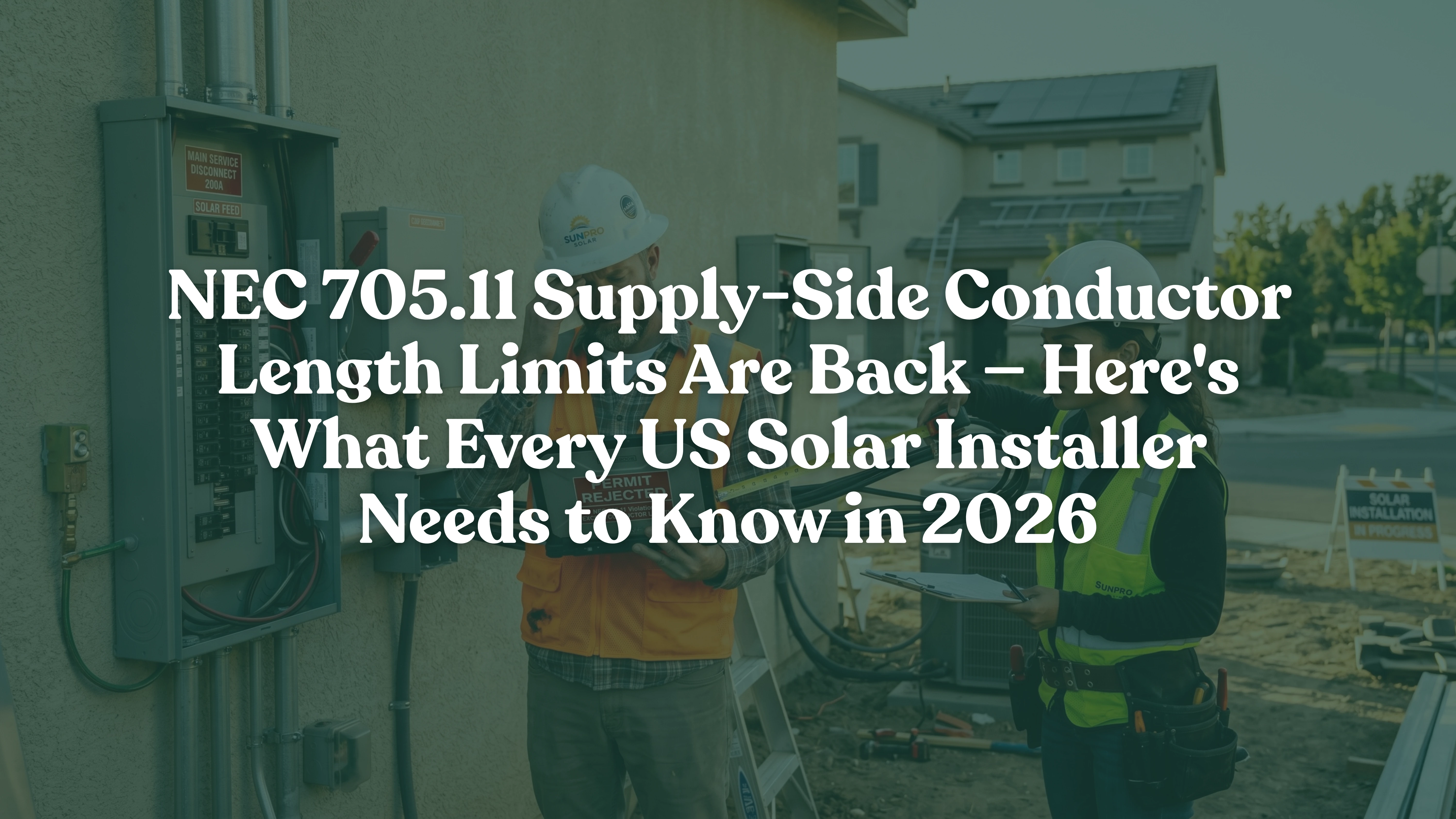 Frustrated solar installer and project manager reviewing a rejected permit next to a residential electrical panel and long supply-side conductor conduit; representing NEC 705.11 compliance challenges and the 10-foot conductor length limit in the 2026 National Electrical Code.
