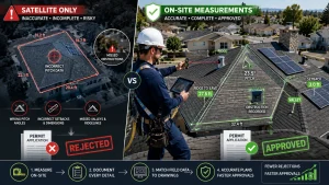 Infographic showing how inaccurate roof measurements during solar site surveys lead to US solar permit rejections and how precise on-site measurements improve permit approval accuracy.