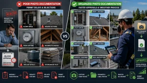 Infographic showing how poor solar site survey photo documentation causes permit delays and how organized high-quality project photos improve AHJ approval timelines in the US solar industry.
