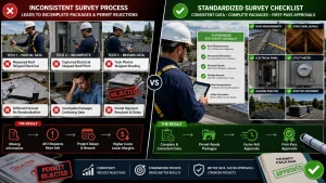 Infographic showing how inconsistent solar site survey checklists lead to permit rejections and how standardized survey processes improve first-pass solar permit approvals in the US.
