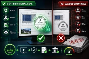 Infographic comparing certified digital PE seals and scanned stamp images for solar permit submissions, featuring secure digital signatures, AHJ approved solar plan sets, encrypted PDF engineering documents, PE verified solar permits, fast 24–48 hour turnaround, rejected permit workflows, solar EPC compliance, solar engineering services, NEC 2026 standards, and digital solar permitting process.