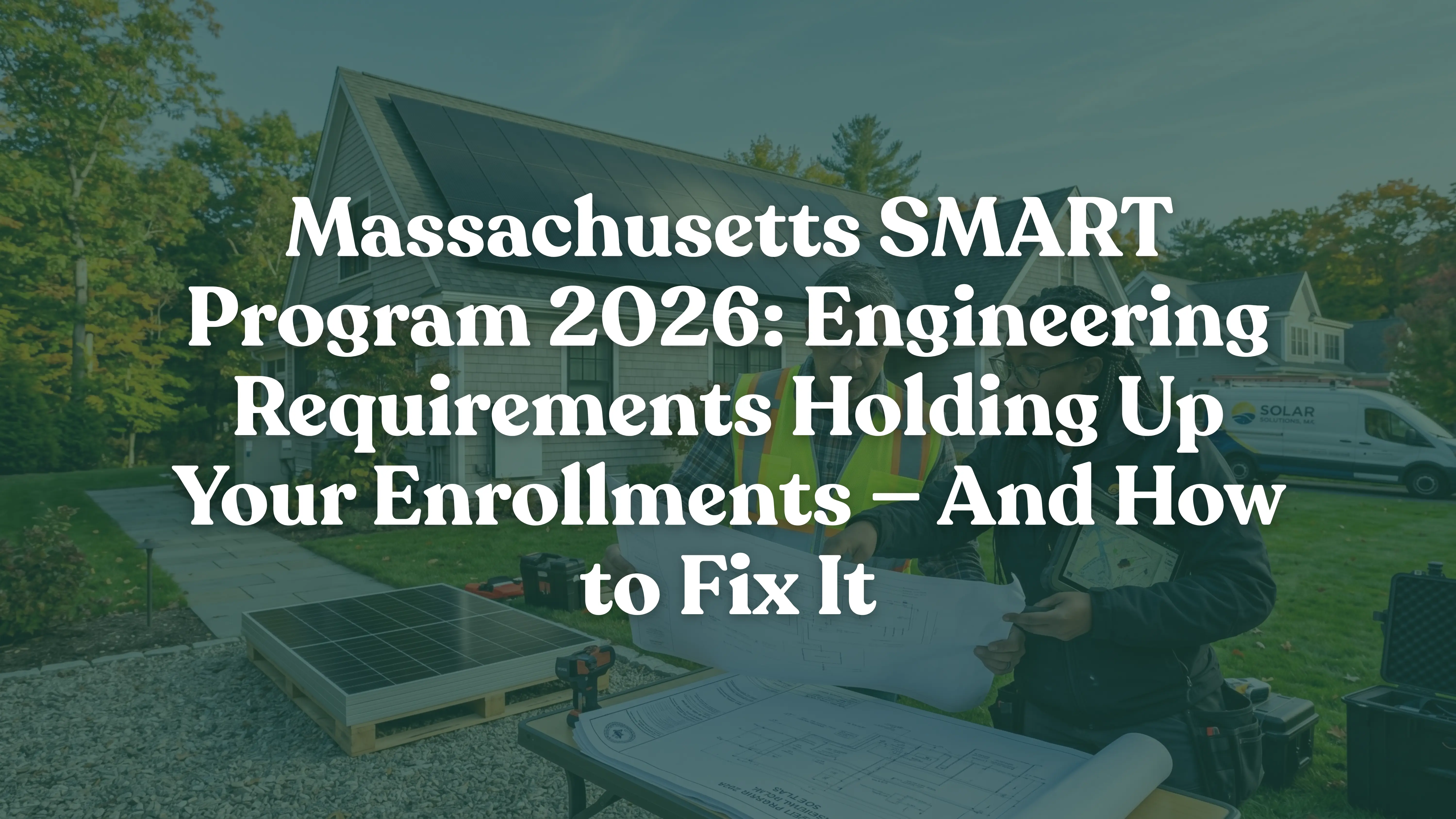 Professional solar engineers in Massachusetts performing a technical site inspection and reviewing engineering blueprints for a 2026 SMART program residential solar installation to ensure incentive compliance and ROI.