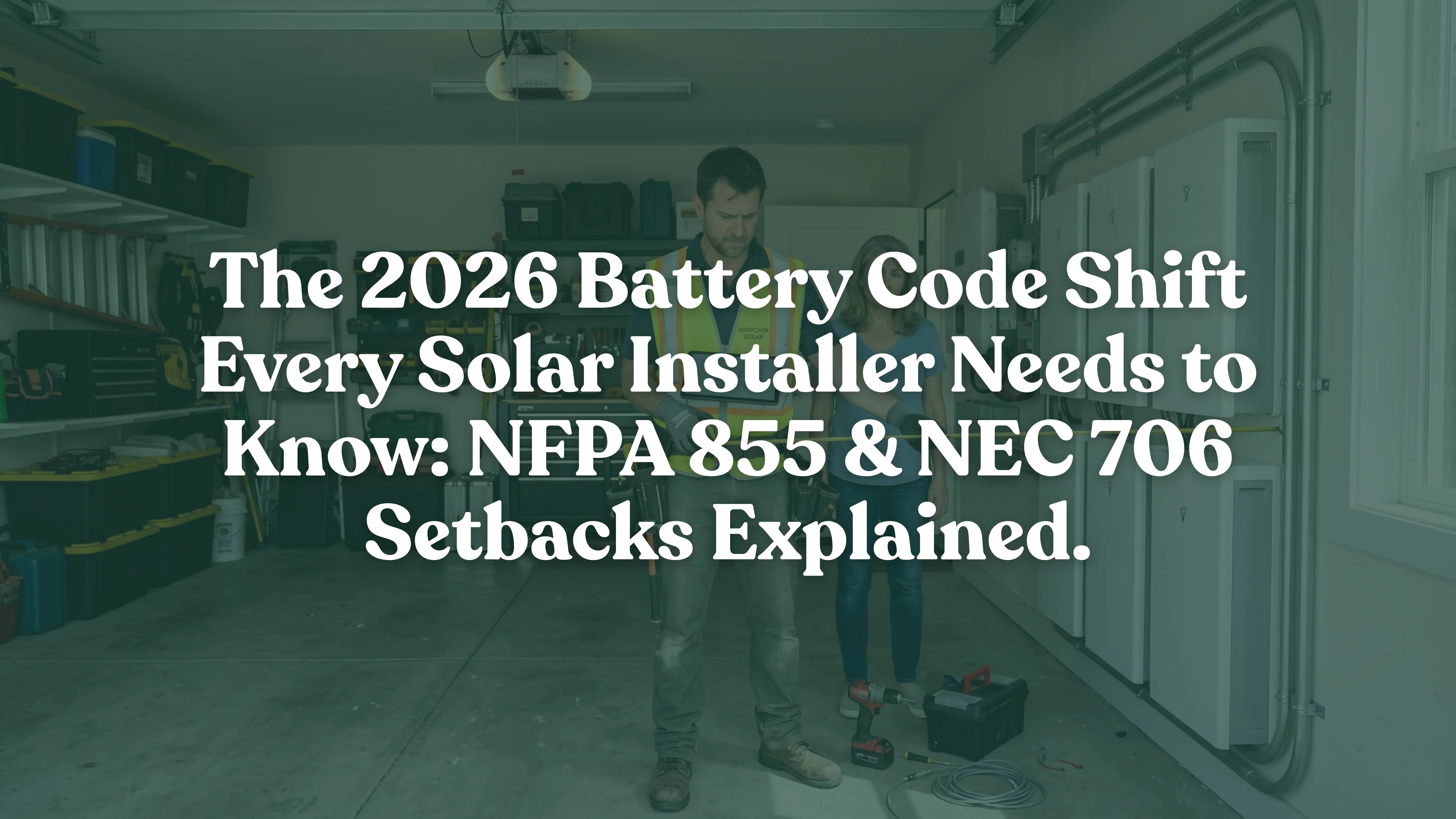 Professional solar installer measuring a residential battery energy storage system in a garage to comply with NFPA 855 2026 setback codes and fire safety spacing regulations.