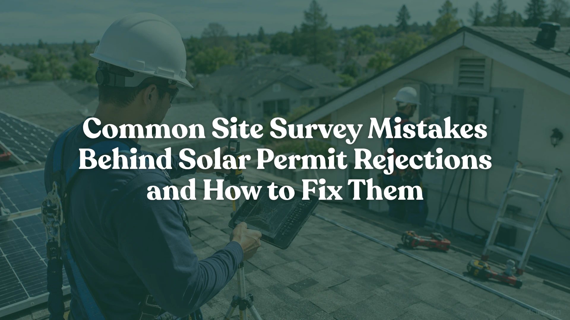 Solar site survey technicians inspecting a residential rooftop solar installation in the US to prevent permit rejections through accurate measurements and detailed project documentation.