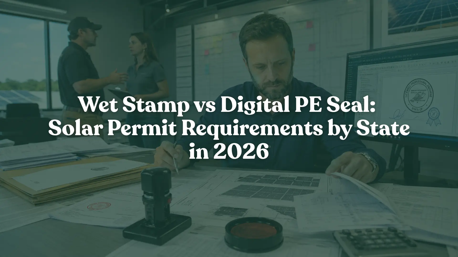 Professional solar engineer reviewing solar permit plan sets with wet stamp and digital PE seal documents in a modern engineering office, highlighting solar permitting, PE stamping, AHJ approval process, solar EPC compliance, solar engineering services, and fast solar permit approvals across the US.