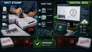 Infographic comparing wet stamp and digital PE seal workflows for solar permit approvals, featuring AHJ verification process, licensed PE engineer review, NEC 2023 and NEC 2026 compliance checks, solar plan set submissions, permit rejection risks, fast solar permitting, solar engineering services, PE stamping requirements, and solar EPC compliance across US jurisdictions.