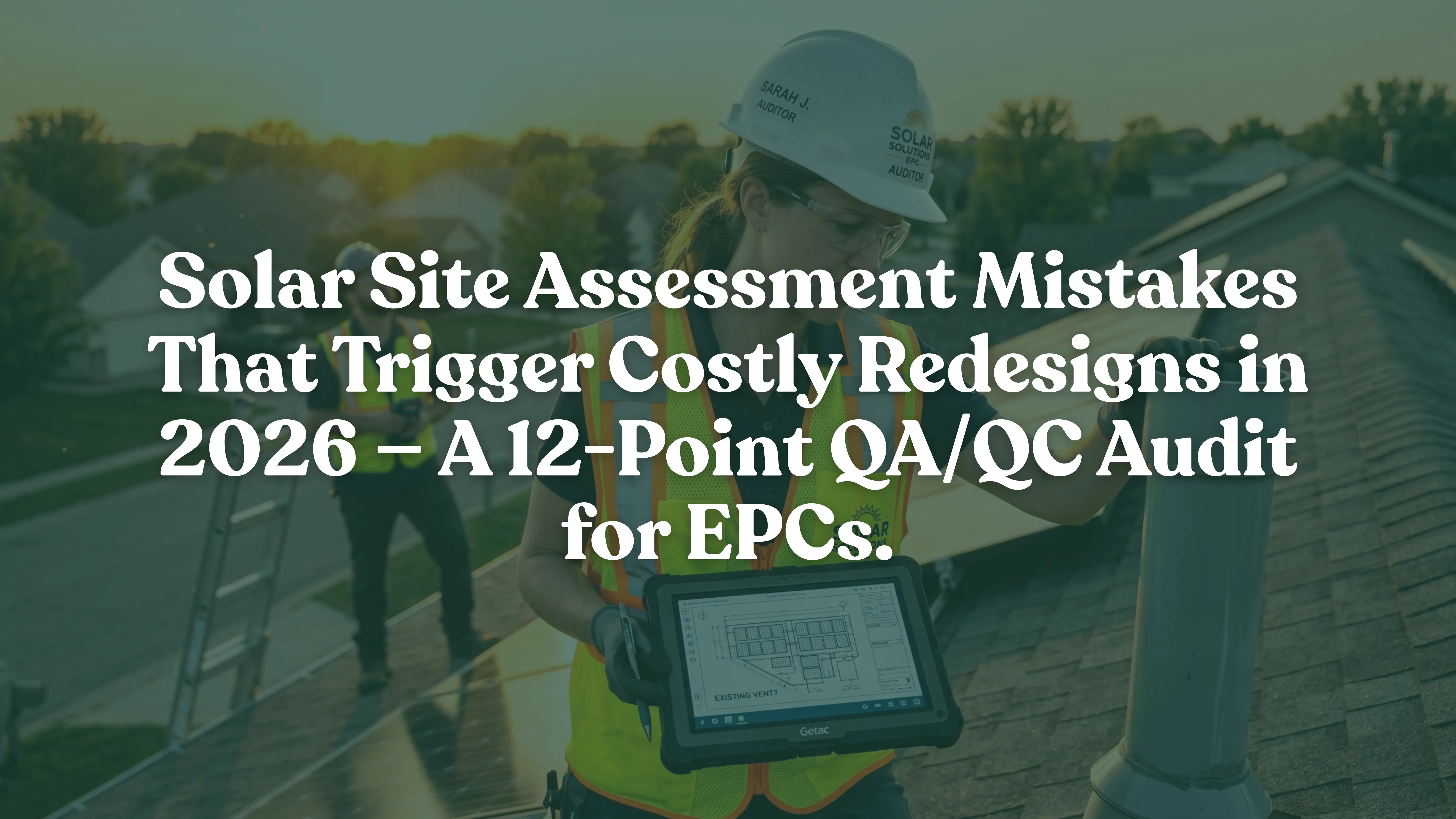 A professional solar EPC site auditor performing a 12-point QA/QC inspection on a residential roof in 2026. She is using a digital tablet and laser tools to identify measurement errors and obstructions to prevent costly NEC 2023 engineering redesigns. Ultra-realistic 4k image depicting solar site assessment and quality control.