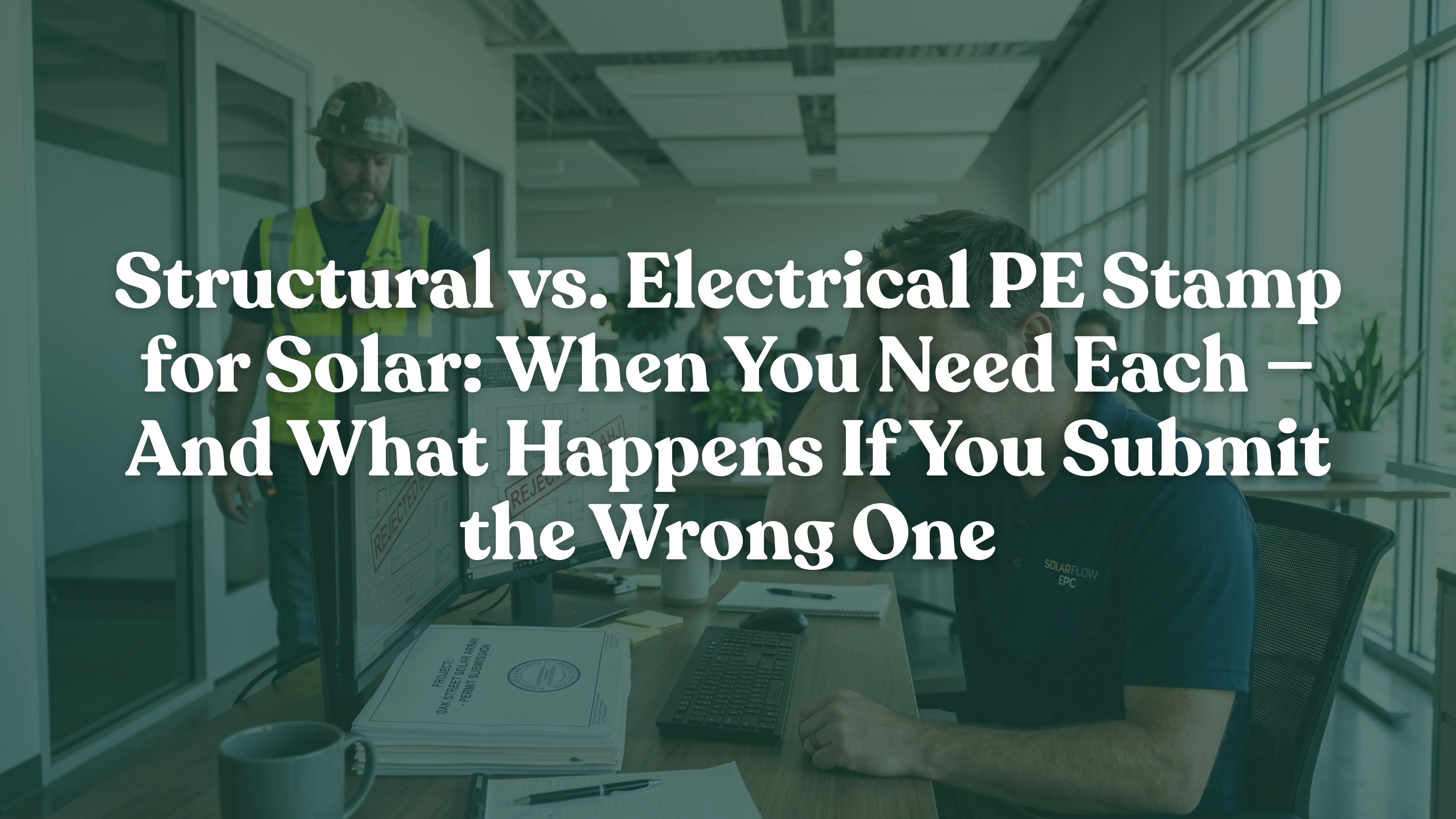 Stressed solar project manager at his office desk reviewing a rejected AHJ permit package on dual monitors next to a structural PE stamp blueprint, while a construction foreman waits anxiously in the background.