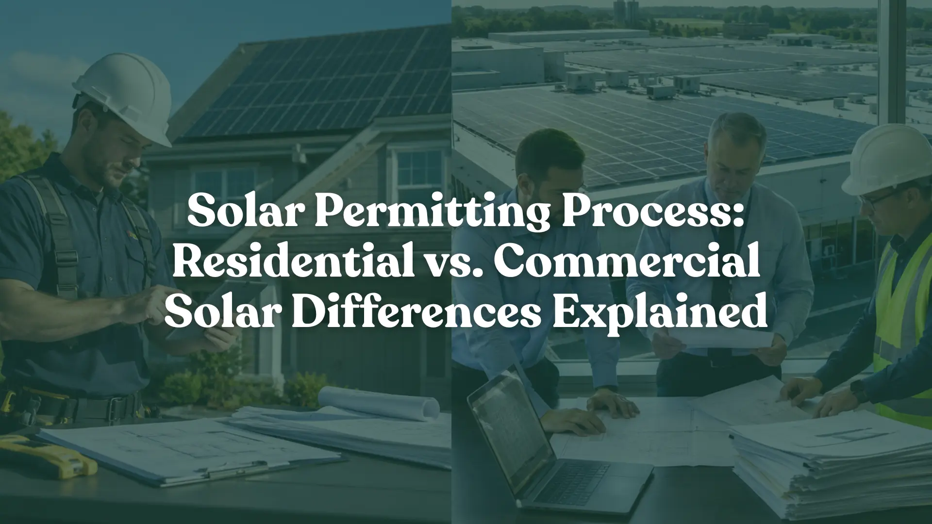 Comparison of residential and commercial solar permitting processes featuring rooftop solar panels, solar engineers reviewing permit plans, AHJ compliance documentation, residential solar installation, commercial solar EPC project planning, solar permit approval workflow, and professional solar project management for renewable energy systems.
