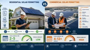 Infographic comparing residential vs commercial solar permitting process with rooftop solar panels, solar engineering drawings, AHJ approval workflow, Title 24 compliance review, electrical single-line diagrams, structural analysis, solar permit documentation, EPC solar project management, commercial solar installation planning, and residential solar permit approval process.