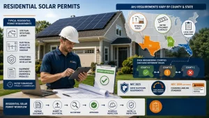 Infographic explaining residential solar permit requirements with rooftop solar installation, AHJ approval process, NEC 2023 compliance, solar panel layout plans, electrical single-line diagrams, PE structural assessment, residential solar permitting workflow, solar permit approval checklist, rapid shutdown requirements, and local solar code compliance for rooftop solar systems.