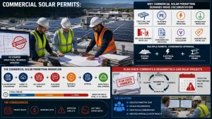 Commercial solar permitting infographic showing PE-stamped structural drawings, NEC 2023 compliance, IFC 2021 fire access pathways, utility interconnection applications, voltage drop calculations, AHJ plan review workflow, EPC solar project management, commercial rooftop solar installation, solar engineering documentation, and multi-department solar permit approval process.