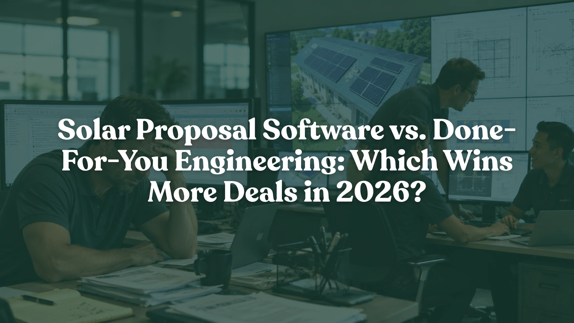 Frustrated solar sales representative struggling with delayed solar proposal software while engineering team delivers fast permit-ready solar proposals in a modern US solar office environment.
