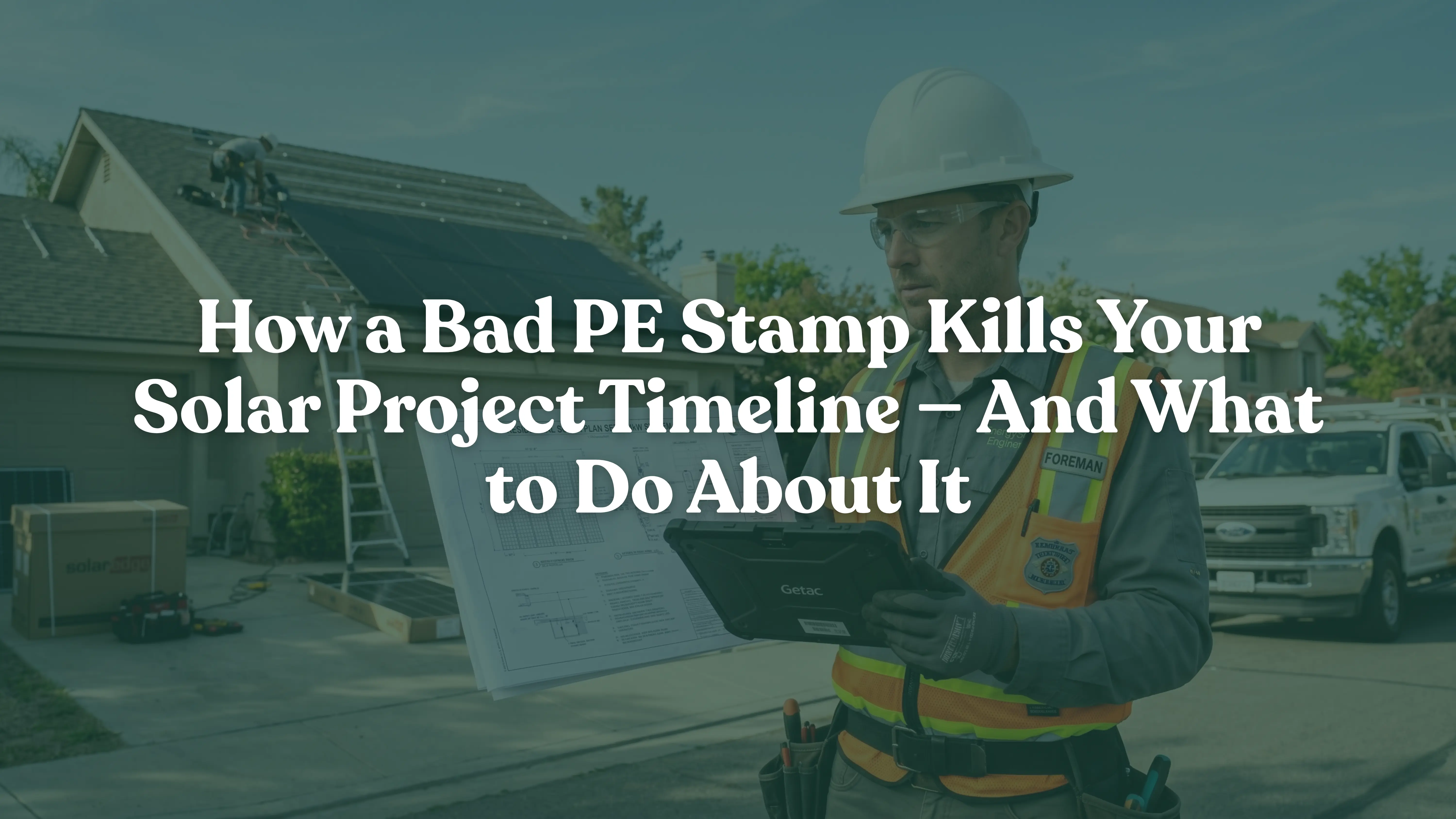 A solar installer wearing a hard hat and safety vest intently reviewing a digital blueprint plan set on a tablet at a residential job site, highlighting efficient solar PE stamp turnaround and permit management.