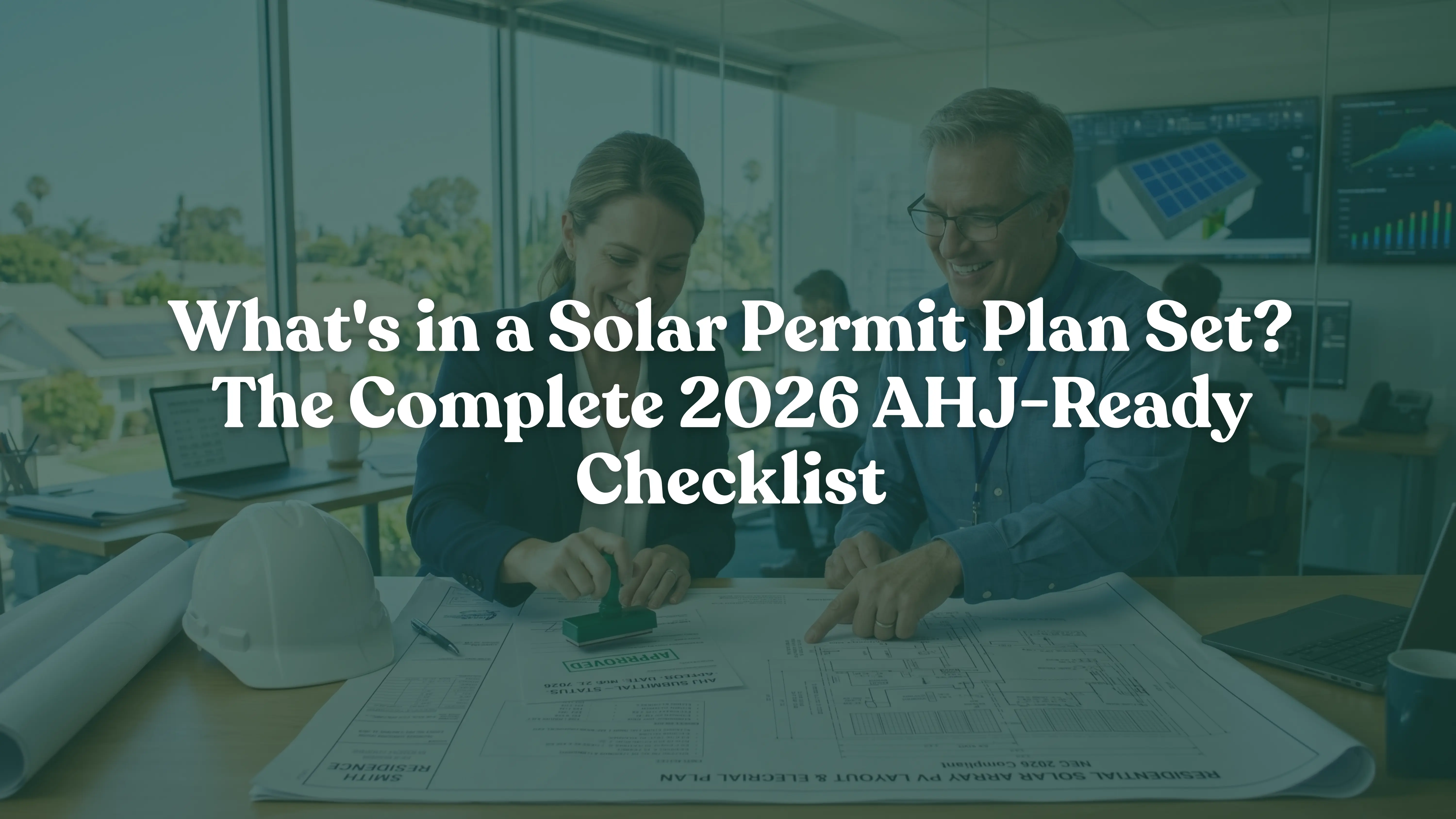 A proud solar project manager and engineer celebrating a first-shot approved solar permit plan set over blueprints compliant with NEC 2026 code in a modern engineering office.