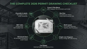 Solar permit plan set checklist documents spread on a desk