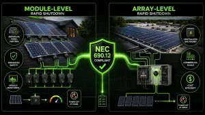 Infographic comparing module-level and array-level rapid shutdown solutions for NEC 690.12 compliance, featuring solar panels, shutdown devices, monitoring systems, combiner boxes, and solar safety engineering concepts.