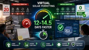 Virtual solar permitting infographic comparing traditional permit reviews with automated approvals, highlighting 12–14.5 days faster solar project permitting, instant approval workflows, reduced revisions, improved crew productivity, faster cash flow, and automated code compliance for solar installers and EPCs.