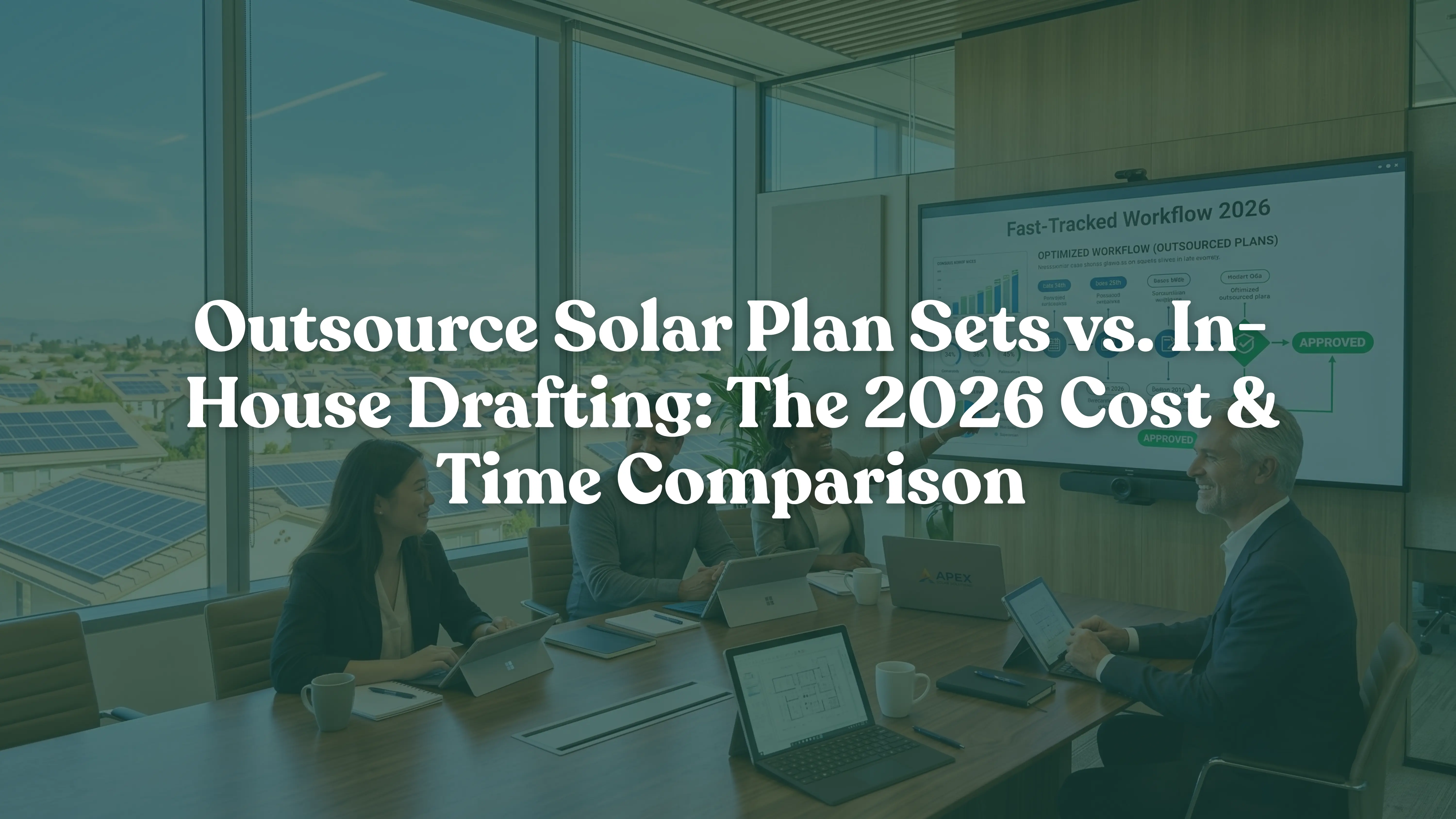 Solar industry professionals in a sunlit 2026 conference room reviewing optimized project workflows and outsourced plan sets on high-res monitors, set against a background of residential rooftops with solar installations.