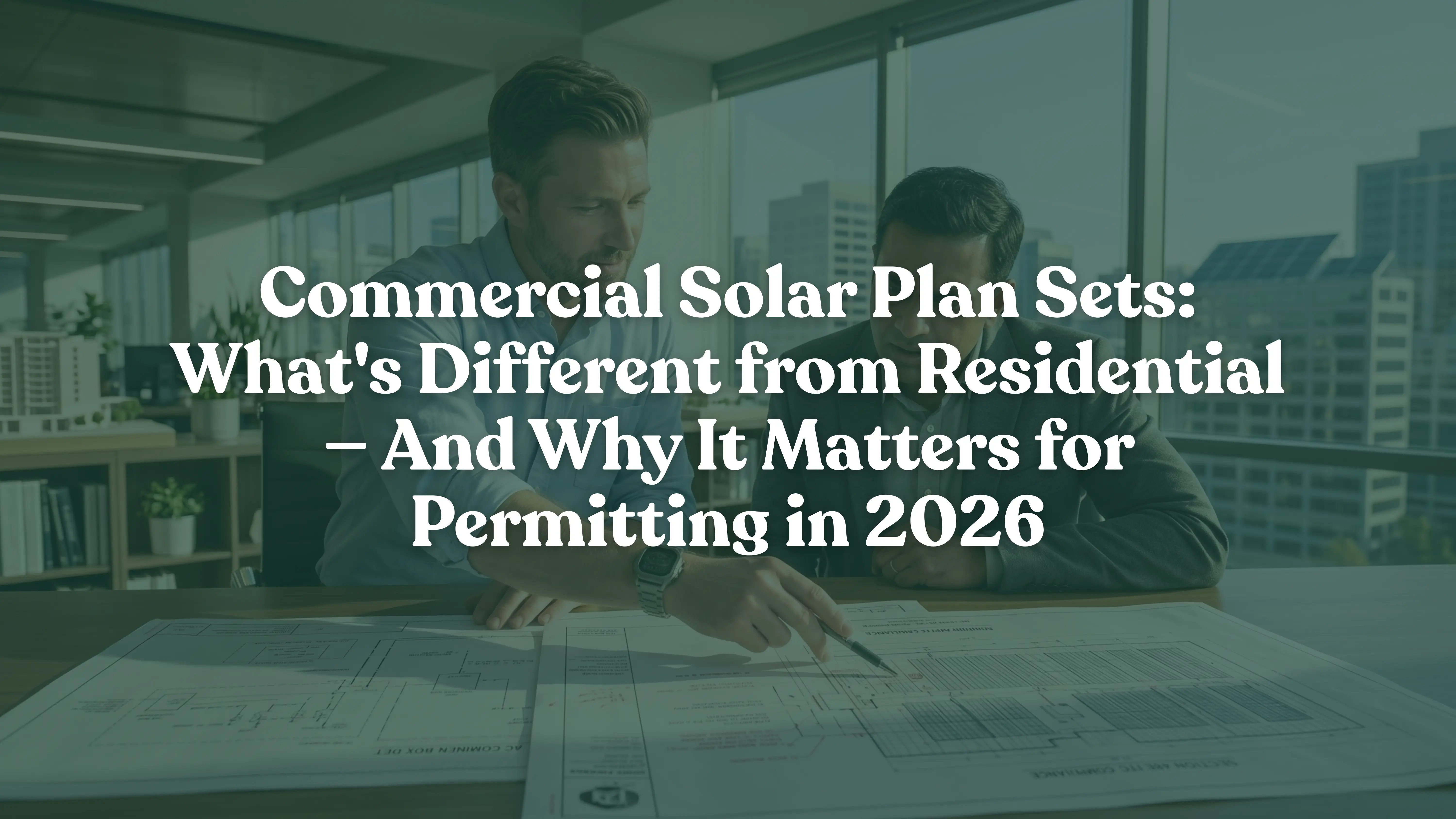A professional solar engineer pointing at complex commercial solar plan sets on a conference table, explaining permitting compliance to an attentive business client to meet 2026 solar ITC deadlines.