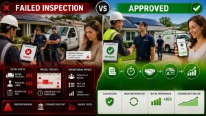 Solar AHJ inspection infographic showing the cost of failed inspections versus approved inspections, highlighting project delays, reinspection costs, homeowner dissatisfaction, faster permitting, improved solar installation efficiency, and business growth.