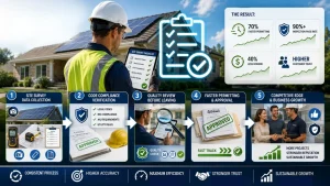 Standardized solar site survey infographic demonstrating site data collection, code compliance checks, quality assurance reviews, accelerated permitting, reduced installation errors, higher inspection success rates, and solar EPC operational efficiency.