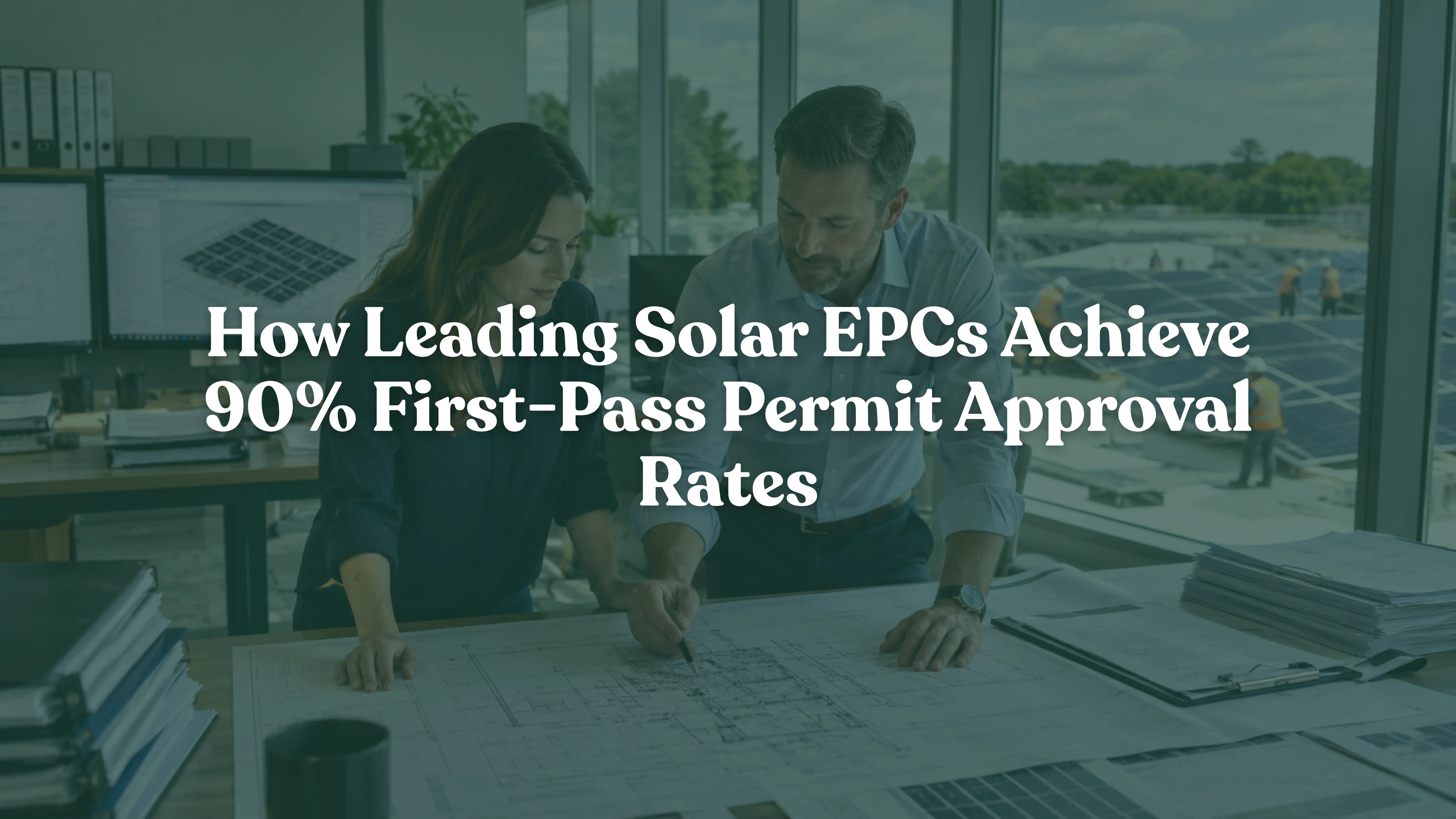 Solar engineering professionals reviewing permit-ready solar plan sets and electrical designs in a modern office while overseeing a commercial rooftop solar installation, showcasing solar permitting, AHJ approval, PE stamping, site surveys, interconnection applications, and solar EPC project management in the United States.