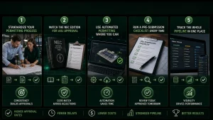 Infographic demonstrating the five core strategies behind consistent solar permit approval, featuring solar engineering, AHJ compliance, permit design automation, PE-stamped plan sets, and project tracking systems.