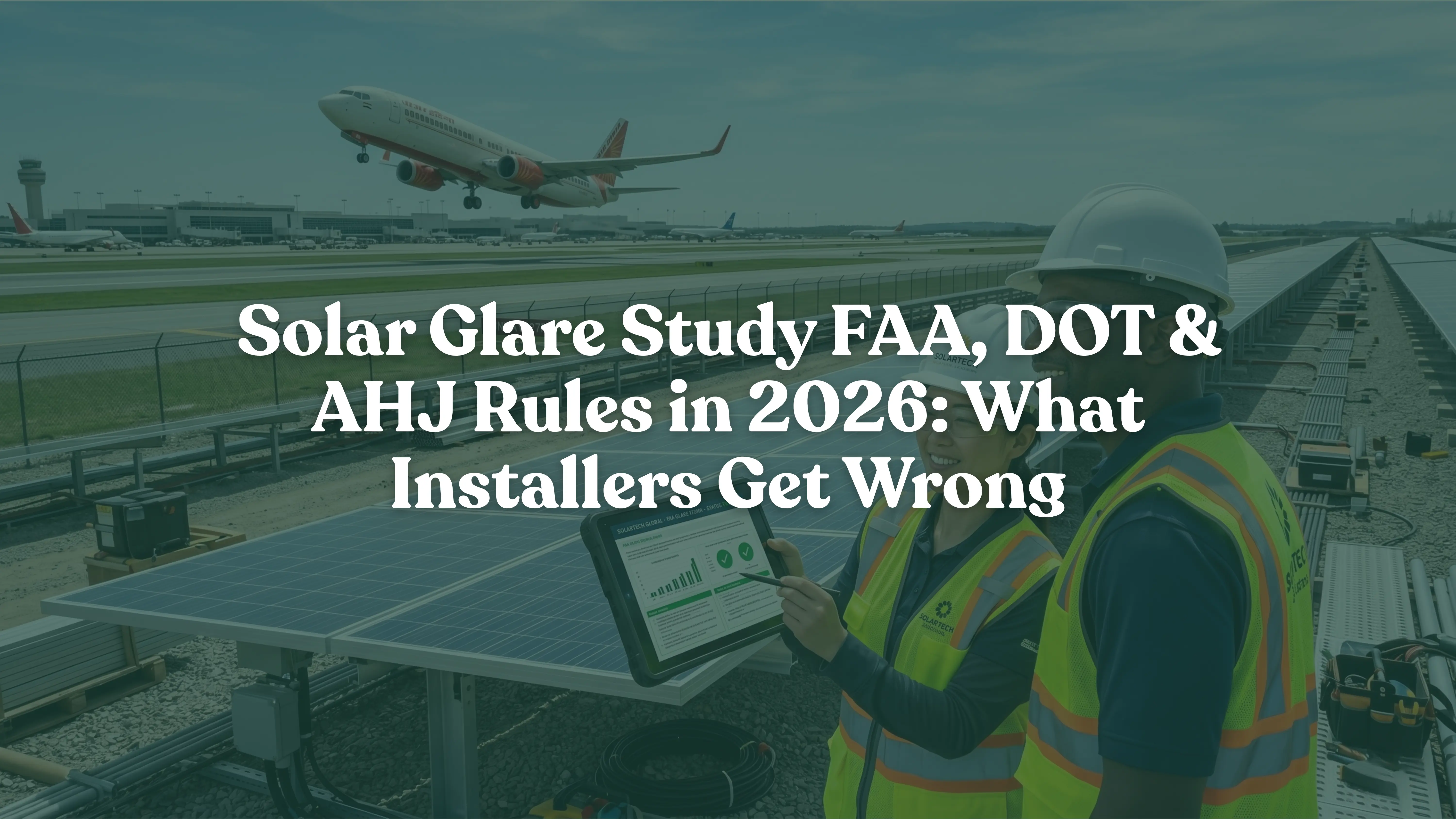 A 4K ultra-realistic photo of solar installers reviewing a glare study on a tablet next to a ground-mounted solar array near an airport runway with an airplane taking off, representing FAA compliance and risk management.